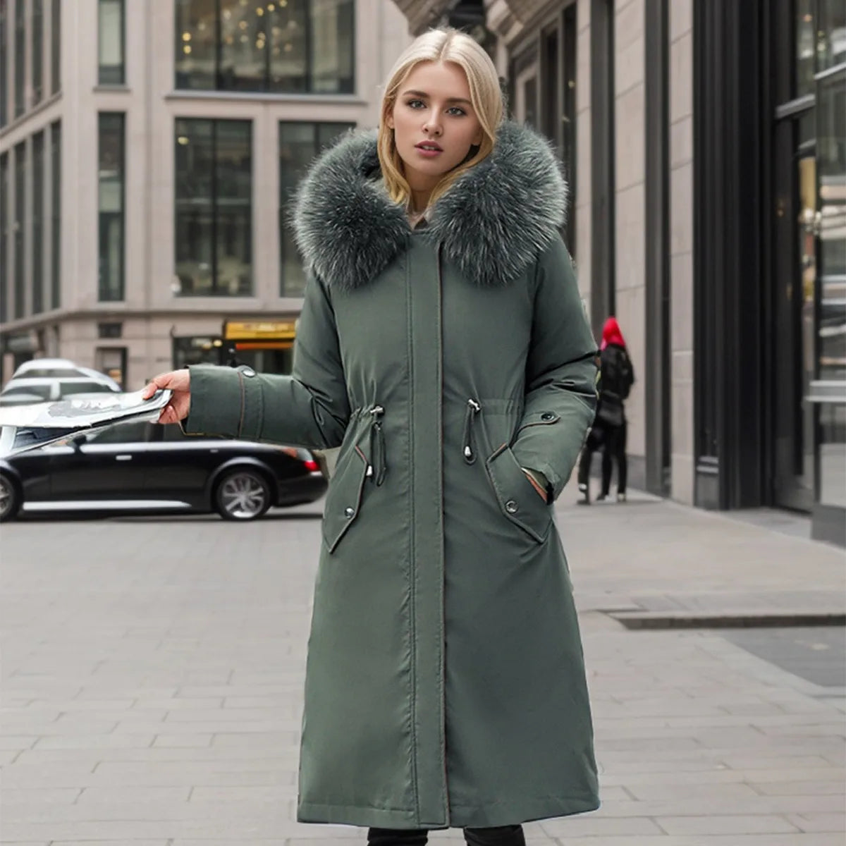 Lady's Winter Parka Coat Solid Color Detachable Faux Fur Trim Slim Fit Female's Padded Coat Thermal Longline Coat For Women