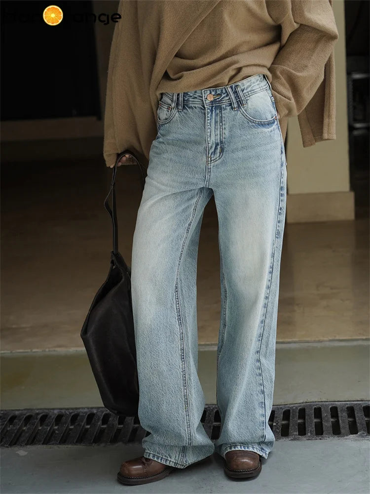 2025 Autumn Winter Retro Polished White Washed Jeans Women Neat Straight Leg 100% Cotton Denim Pants Blue