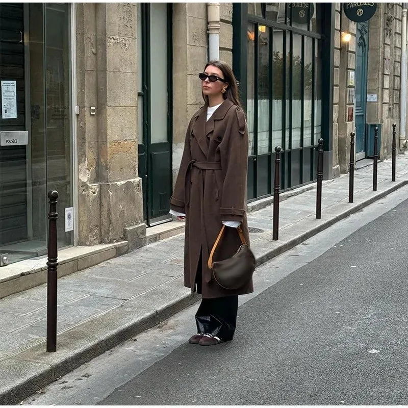 Belts Double Breasted Women's OverCoat Elegant Laple Pocket Full Sleeve Female Coat 2025 Autumn Winter Fashion New Lady Outwears