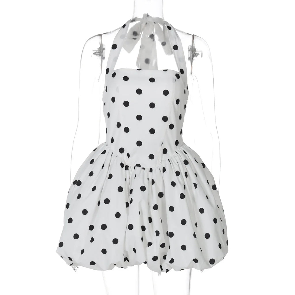 Mozision Halter Print Polka Dot Mini Dress Women Fashion Off-shoulder Sleeveless Backless High Waist A-line Club Party Dress
