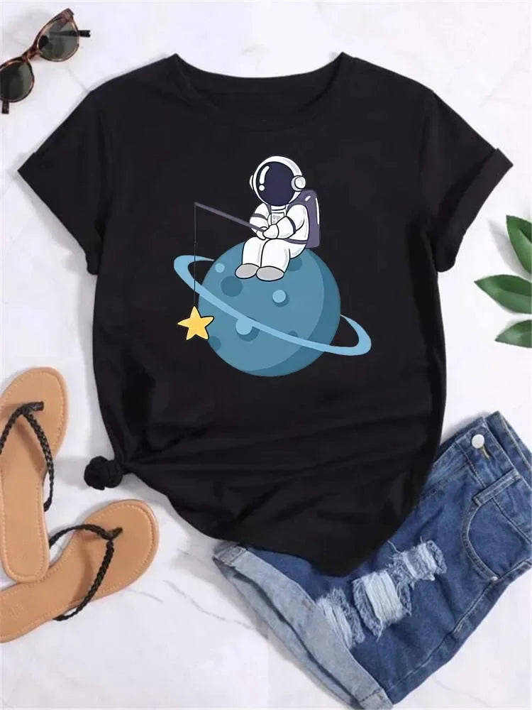 Women Moon Planet Print Fashion Tee Shirts Casual Round Neck Short Sleeve Streetwear Female T-Shirt Vintage Tops