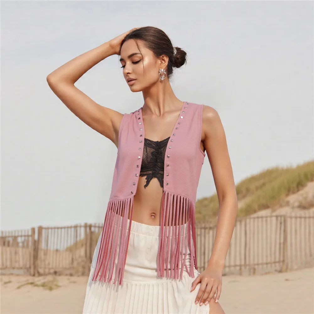 Women Vintage Sleeveless Faux Suede Fringe Vest Rivets Leather Western Boho Tassel Jacket Open Front Hippie Cardigan 2025