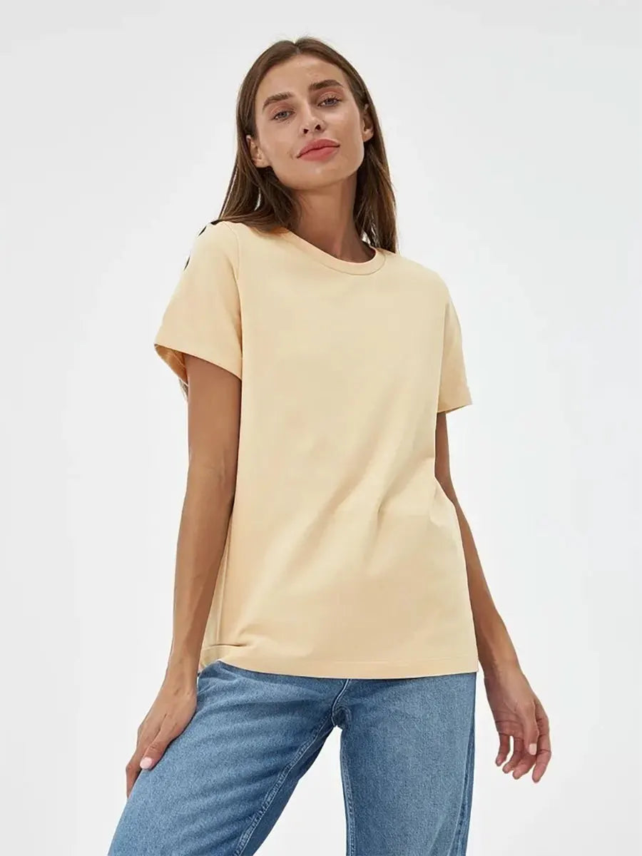 Bornladies Summer 100% Cotton Women's T-shirt Bottoming Basic Fashionable Solid Lady Short Sleeve Loose Tops Shirts 230g/㎡ Tops