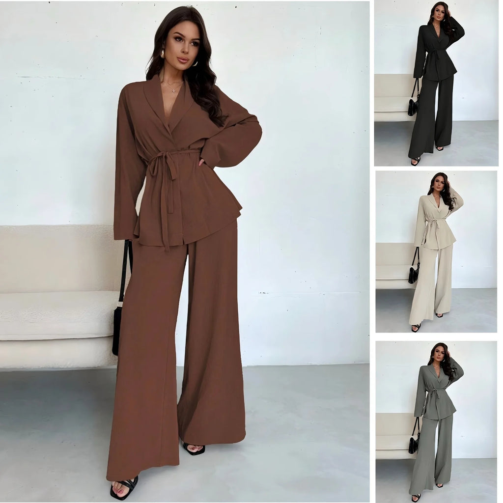 2025 Autumn Winter European American Fashion V-neck Women's Temperament Long-sleeved Elegant Wide-leg Pants Set