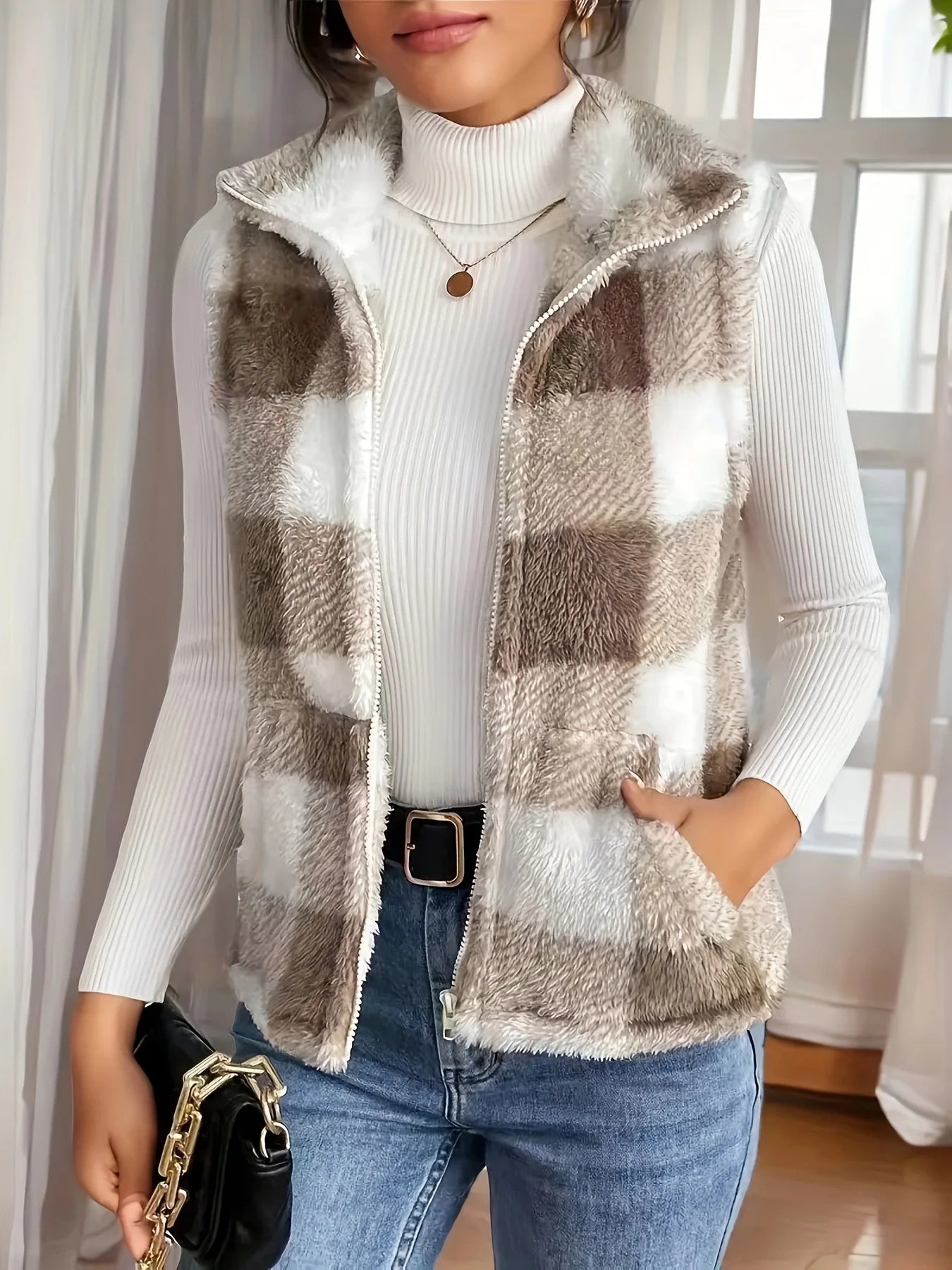 VigoCasey 2025 Plaid Print Sleeveless Vest Coat Woman Zipper Loose Plush Warm Waistcoat Lady Autumn Winter Casual Vest Jacket