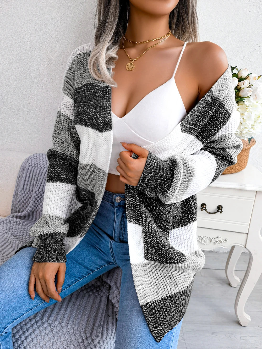 Women Casual Long Sleeve Color Block Striped Knitted Sweater Cardigan for Autumn Winter 2026