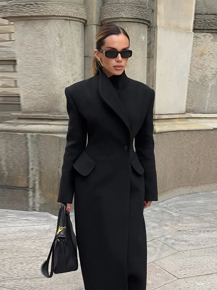 Faux Fur Parka Women Shoulder Pad Slim Waist Long Sleeves One Button Coats Female 2025 Winter Warm Solid Casual Outwears Lady