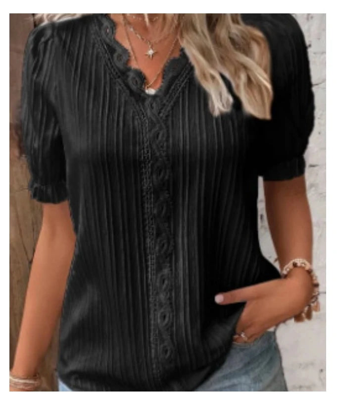 Women's Summer New Top Solid Sexy V-Neck Hollow Short Sleeve Shirt Fashion Splice Plus Size Blouse Loose Street Apparel