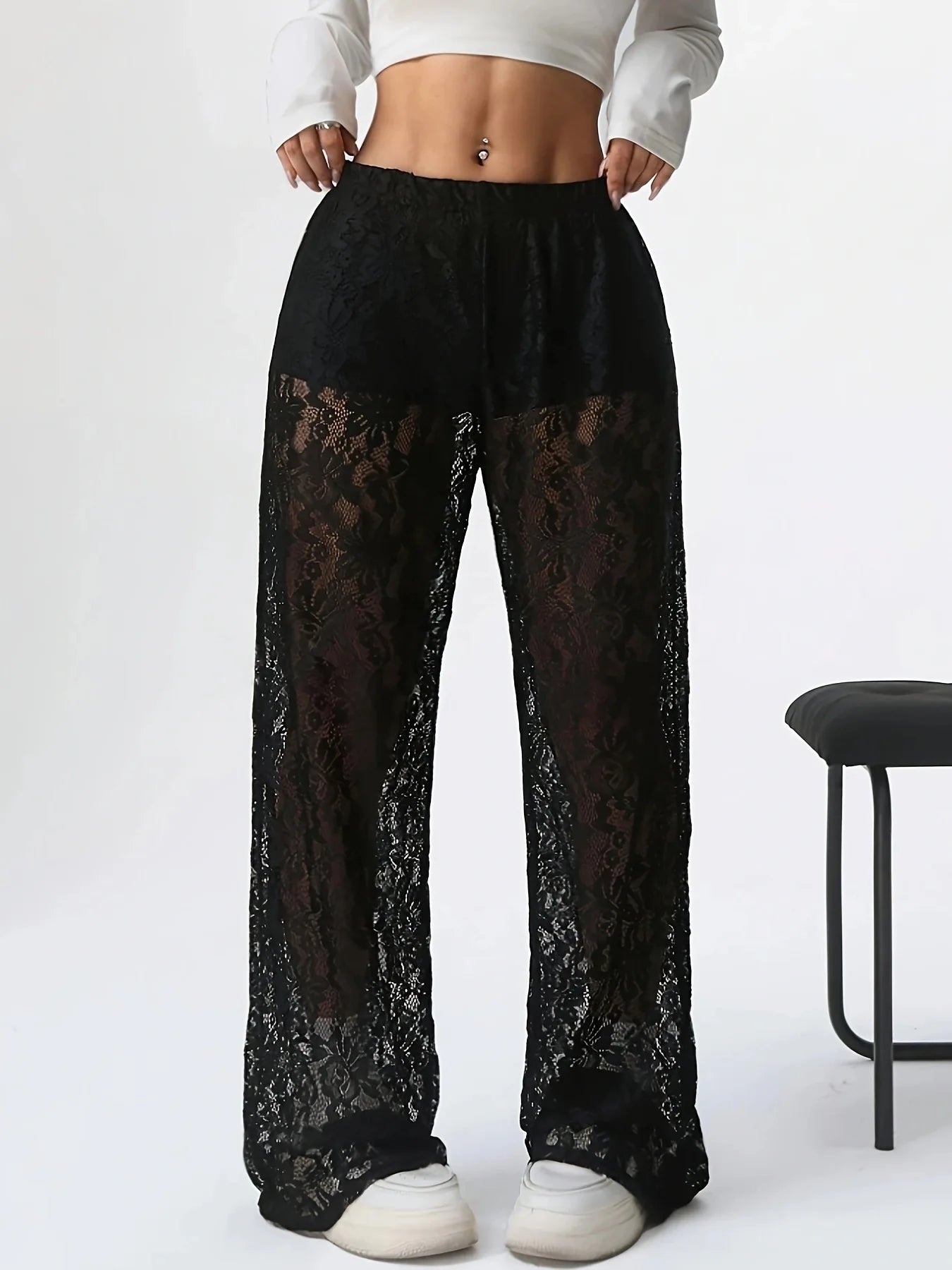 2025 Spring/Summer Fashion Personalized Waist Collection Lace Jacquard Micro Transparent Splicing Straight Leg Casual Pants