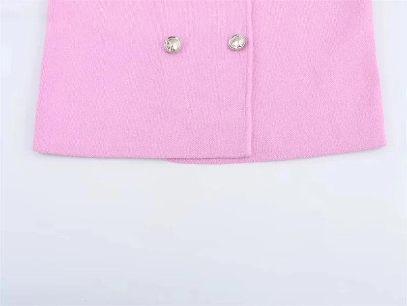 MUJER Knit Sleeveless Vest Woman Fashion Pink Knitted Cropped Vest Women Double Breasted Summer Vest Top Women New In Short Coat