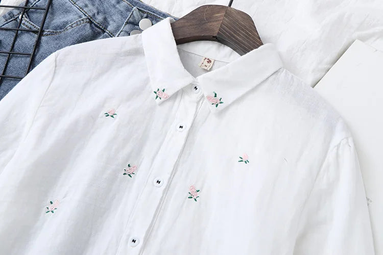 2025 Spring Autumn New Fresh Cotton Yarn Ladies Long Sleeve Shirt Flower Embroidered Women's Casual Shirt Female Blouse Clothes