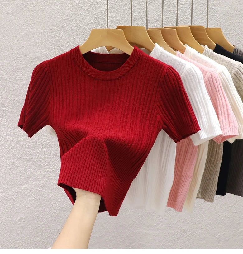 2025 Summer T shirts for Women Casual Female Korean Knit Streetwear Tees Basic Solid Young Cool Tops