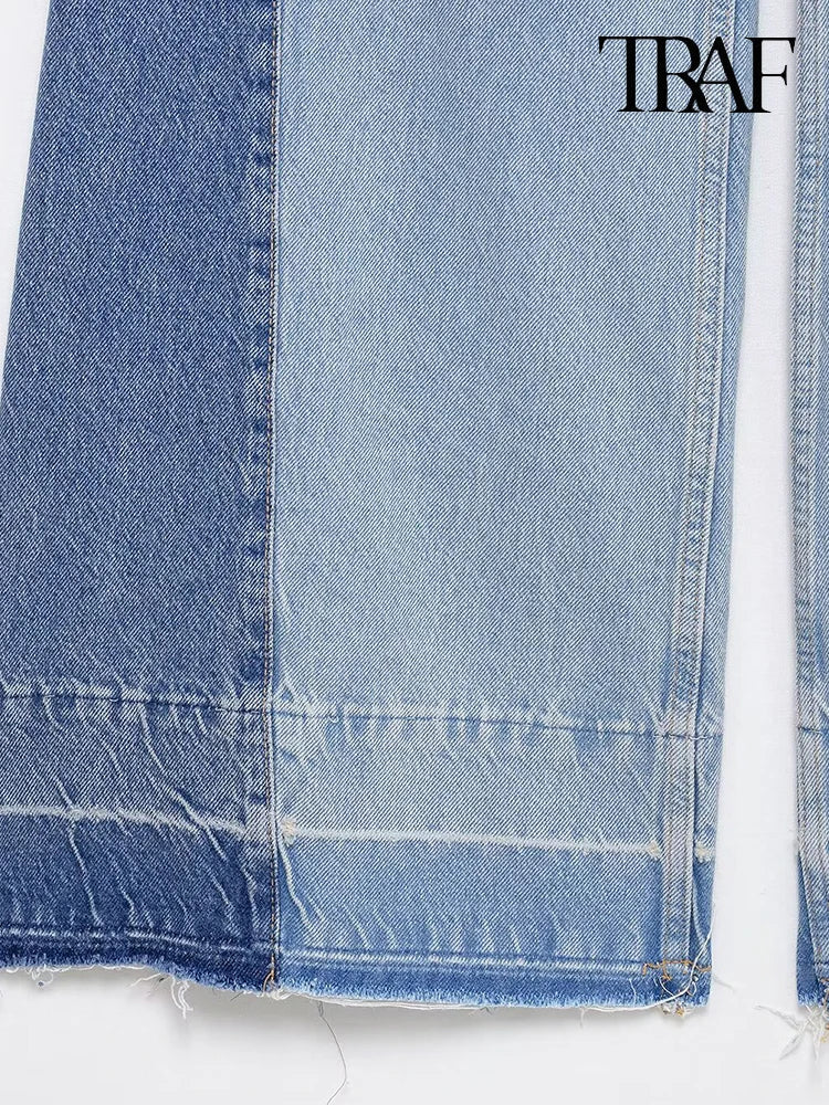 Women's Fashion Vintage Style Contrast Color Splicing High Waist Wide Leg Jeans High Street Casual Versatile Women's Pants