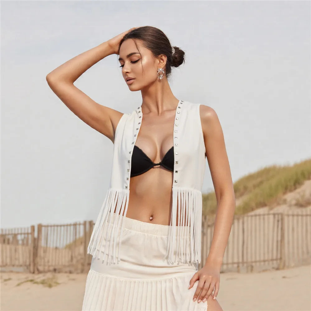 Women Vintage Sleeveless Faux Suede Fringe Vest Rivets Leather Western Boho Tassel Jacket Open Front Hippie Cardigan 2025