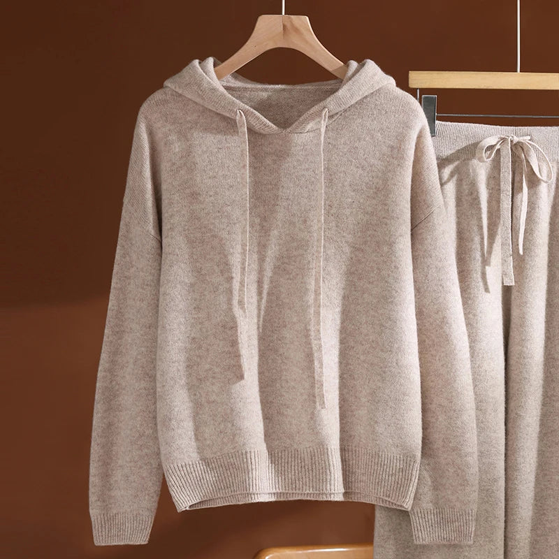 ADDONEE Autumn Winter Women's 100% Wool Set Hoodie Pullover Wide Leg Pants Thick Casual Cashmere Knitwear Sweater Trousers Suit