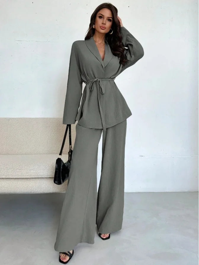 2025 Autumn Winter European American Fashion V-neck Women's Temperament Long-sleeved Elegant Wide-leg Pants Set