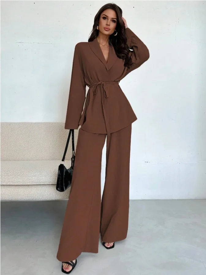 2025 Autumn Winter European American Fashion V-neck Women's Temperament Long-sleeved Elegant Wide-leg Pants Set