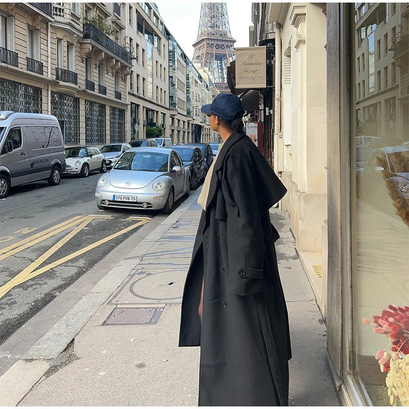 Belts Double Breasted Women's OverCoat Elegant Laple Pocket Full Sleeve Female Coat 2025 Autumn Winter Fashion New Lady Outwears