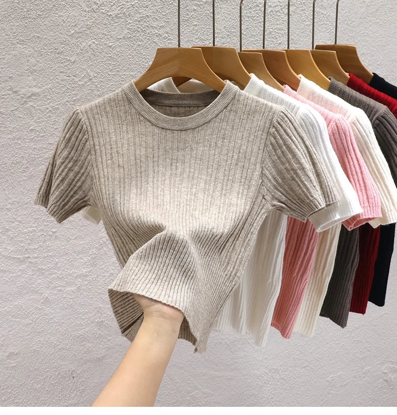 2025 Summer T shirts for Women Casual Female Korean Knit Streetwear Tees Basic Solid Young Cool Tops