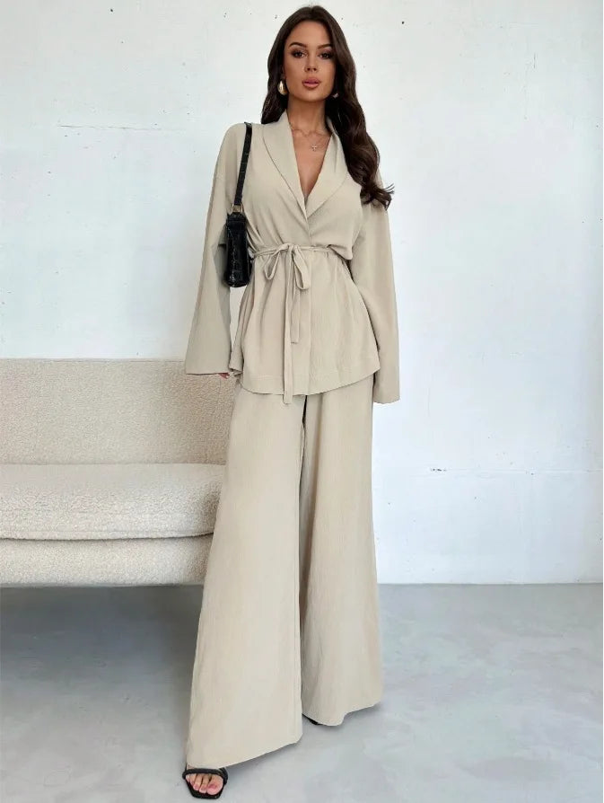 2025 Autumn Winter European American Fashion V-neck Women's Temperament Long-sleeved Elegant Wide-leg Pants Set