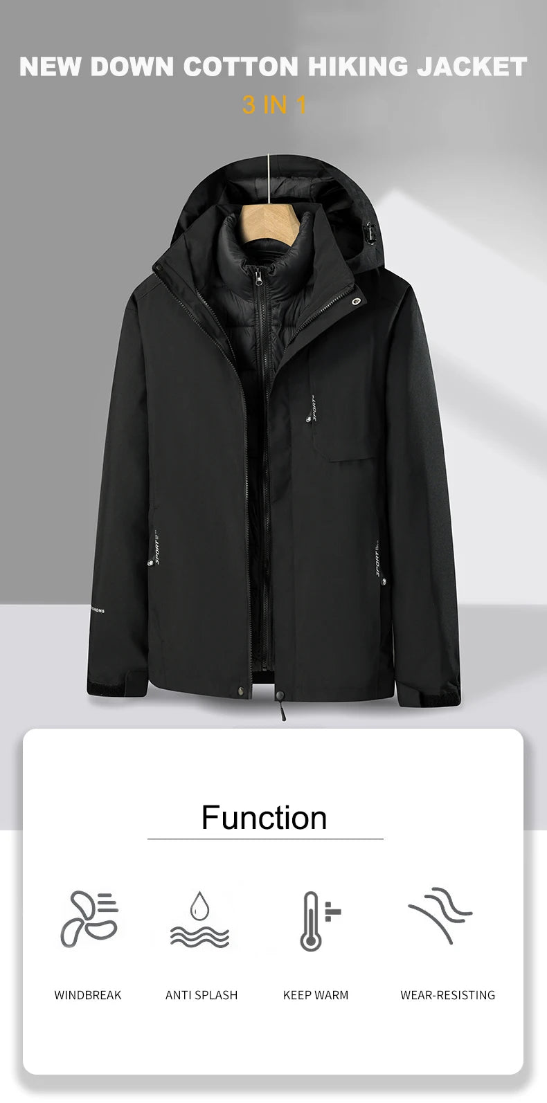 CHRLCK Women's 3 In 1 Thick Hiking Jacket Down Cotton Waterproof Winter Windbreaker Outdoor Warm Camping Jacket Windproof Coat