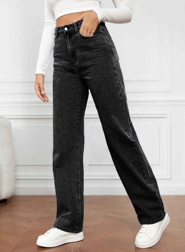2025 new European and American high-waisted water-washed women's jeans long fashionable and versatile straight-leg pants