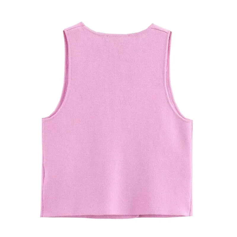 MUJER Knit Sleeveless Vest Woman Fashion Pink Knitted Cropped Vest Women Double Breasted Summer Vest Top Women New In Short Coat