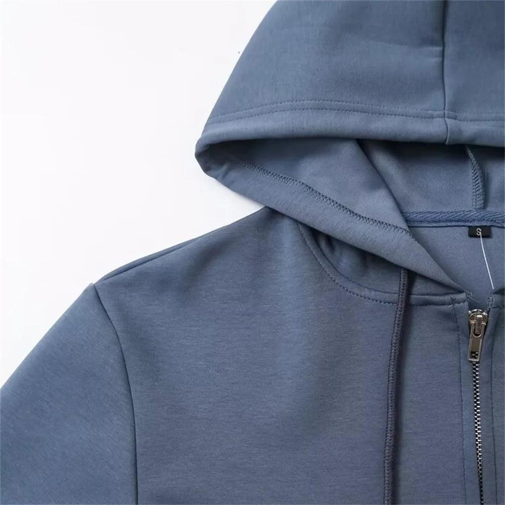 Autumn new women's fashionable casual zipper decoration hooded long sleeved sweatshirt jacket trumpet pants set