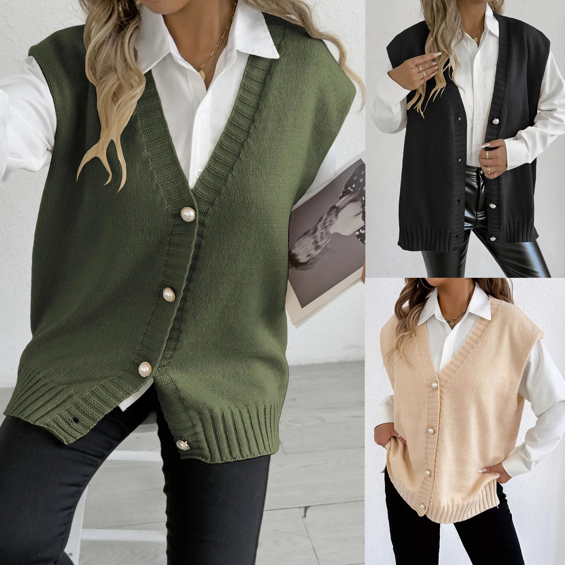 Women's Tops Autumn and Winter Vest Women's Clothing Pearl Button Loose Casual Cardigan Sweater Vest