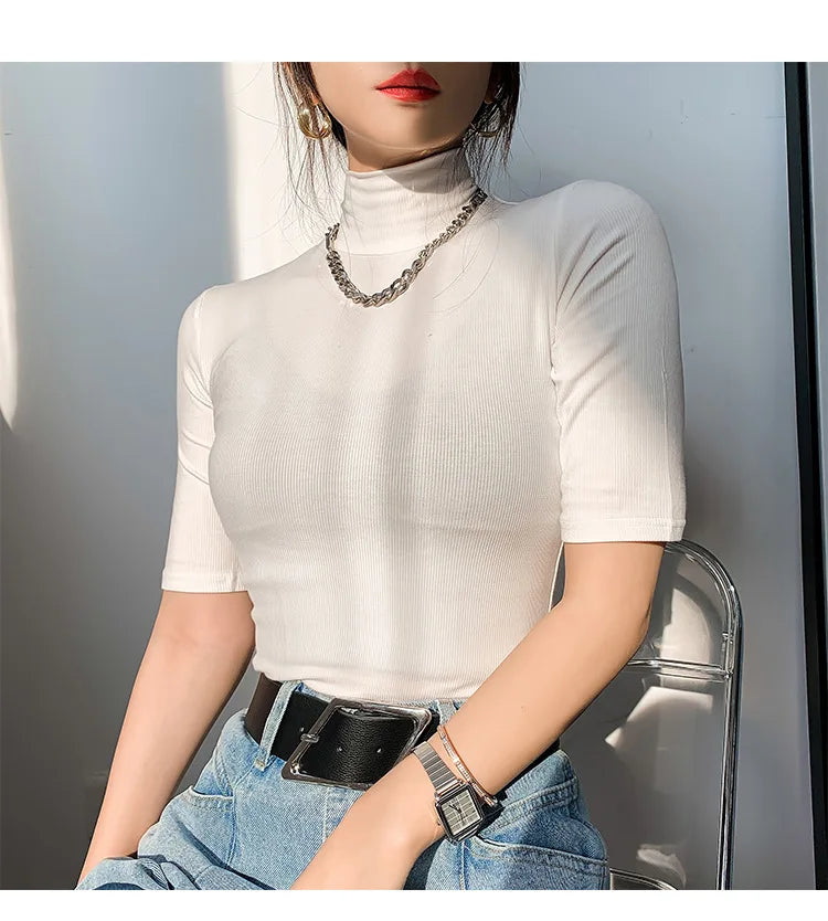 Basic  T Shirt Women Turtleneck Slim Tshirt Short Sleeve T-shirts Female Casual Elasticity White Tee Shirt Femme Woman Top