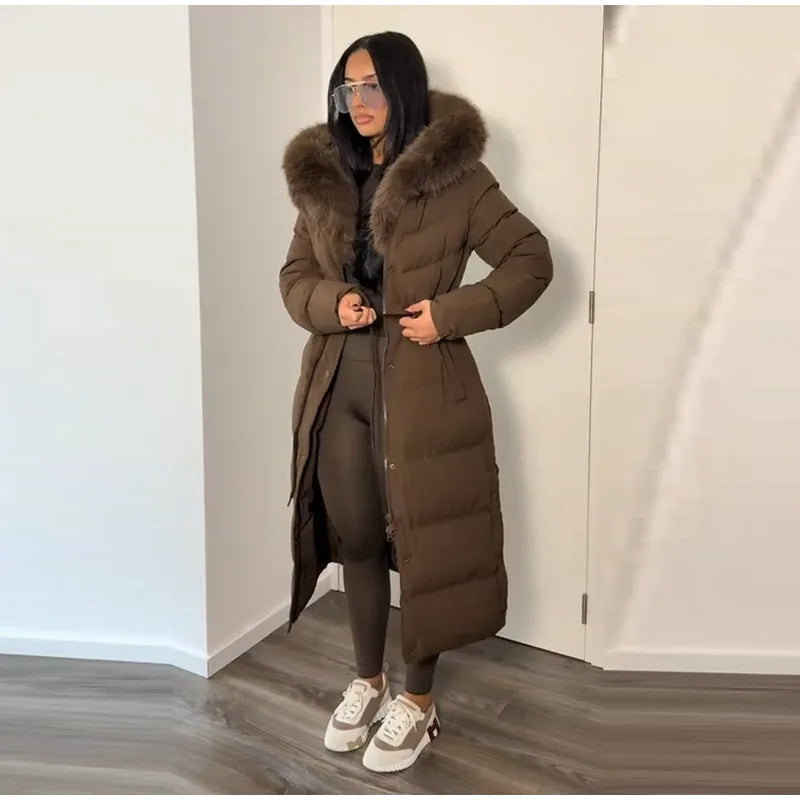 Casual Lace-up Long Padded Jackets Women's Loose Full Sleeves Stand Collar Pocket Maxi Coat 2025 New Winter Ladies Solid Outwear