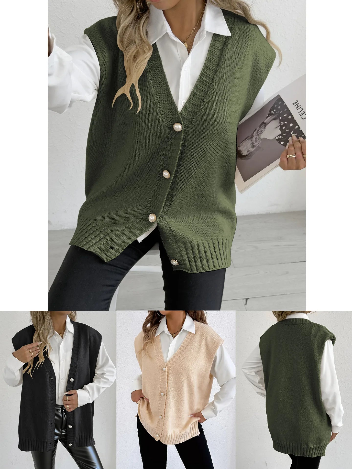 Women's Tops Autumn and Winter Vest Women's Clothing Pearl Button Loose Casual Cardigan Sweater Vest