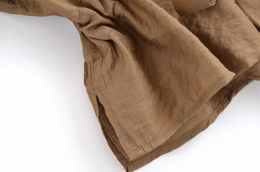 Women Adjustable Drawstring Waist Safari Shirt Short Sleeve Lapel Collar With   Pockets Loose Blouse Streetwear Lady Shirts