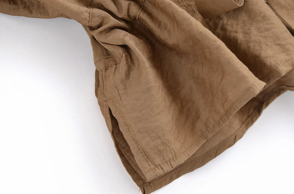 Women Adjustable Drawstring Waist Safari Shirt Short Sleeve Lapel Collar With   Pockets Loose Blouse Streetwear Lady Shirts