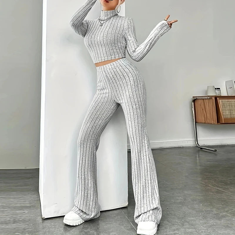 Fashion Women's Knitted Two-piece Set Casual Ribed Long-Sleeve Slim Outfit Trouser Set Female Outfit Clothes