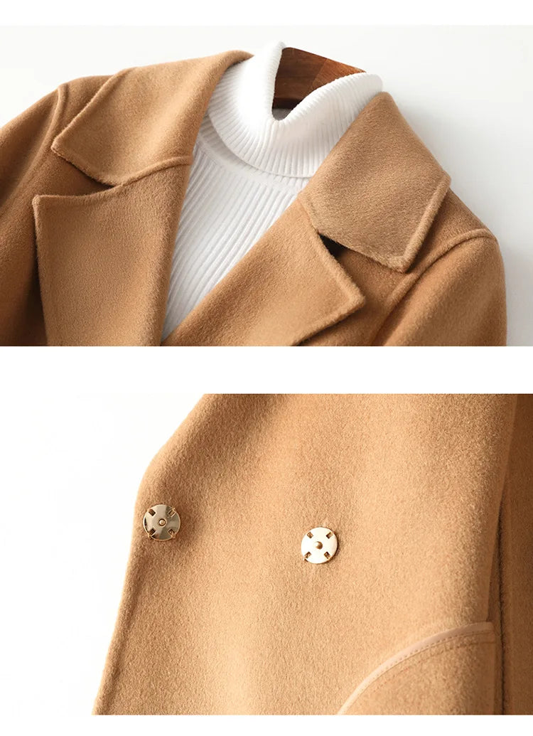 2025 Autumn 100% Wool Coats With Belt Fashion Open Stitch Elegant Woolen Cashmere Coat Veste Femme Tops