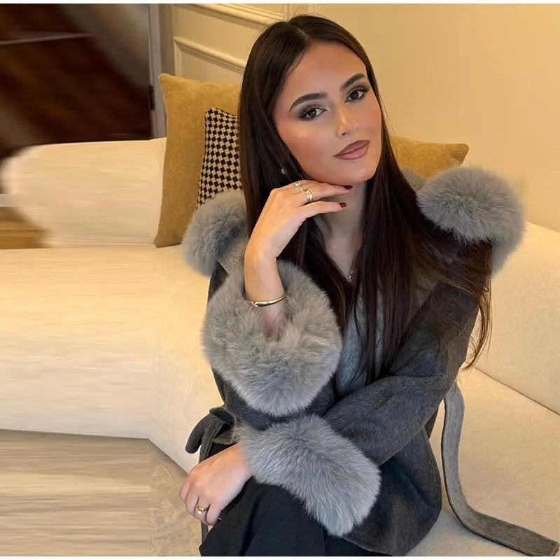 Elegant Women's Faux Fur Hoody Coat Furry Patchwork Lace Up Full Sleeve Female Jacket 2025 Autumn Winter New Lady Warm Outerwear