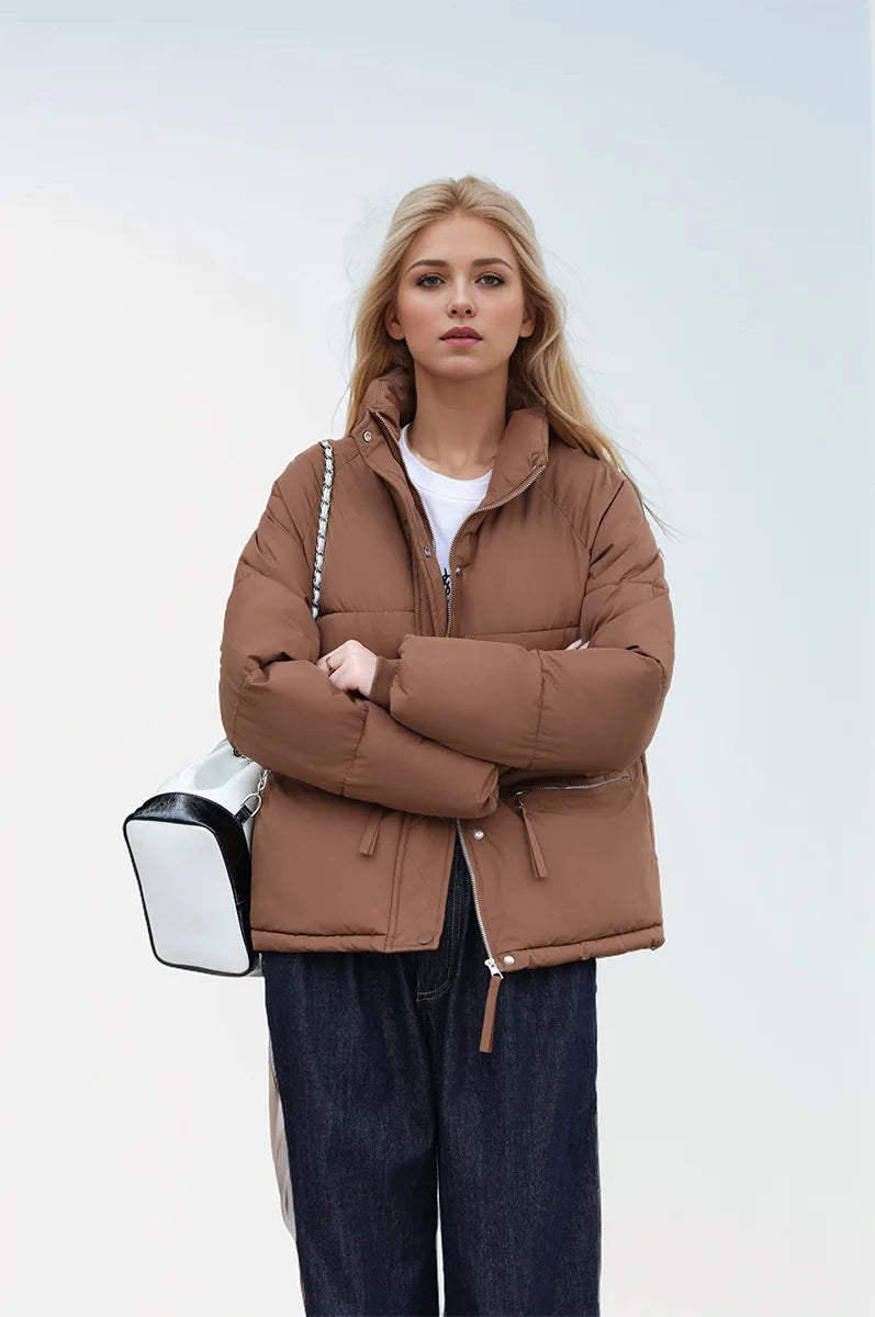 Women's Winter Puffer Coat Stand Collar Zipper Fly Pockets Loose Fit Quilted Coat For Female Thickened Lady's Thermal Coat