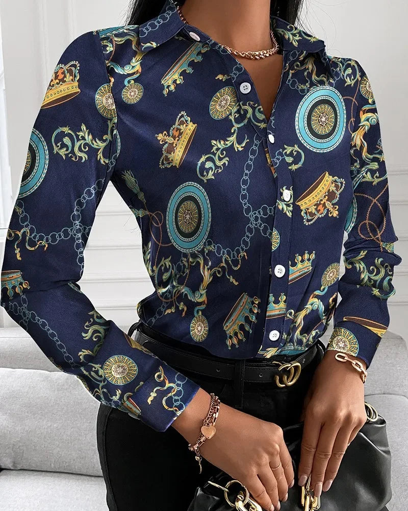 Summer New Women's Long-sleeved Shirt, Single-breasted Printed Shirts Fashion Casual Tops Camisa Female Chemise S-XXL