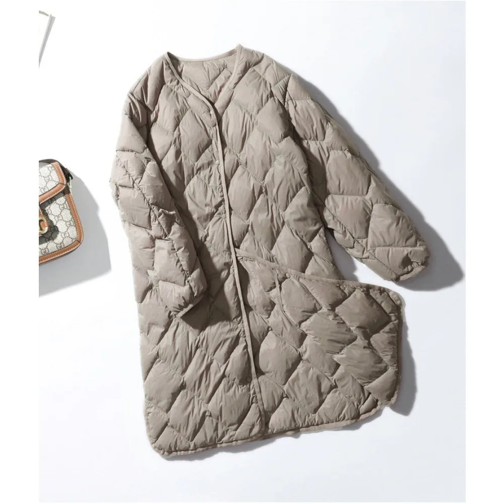 2025 New Warm O-neck Thin Parkas Fashion Outerwear Winter Women Long Ultra Light Puffer Jacket 90% White Duck Down Coat Female