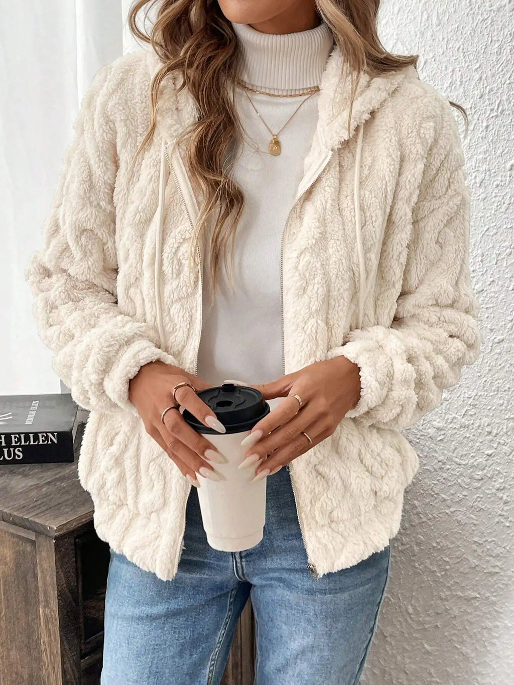 VigoCasey 2025 Women Autumn White Zipper Jacket White Long Sleeve Thick Plush Warm Coat Loose Winter Soft Lady Short Hooded Coat