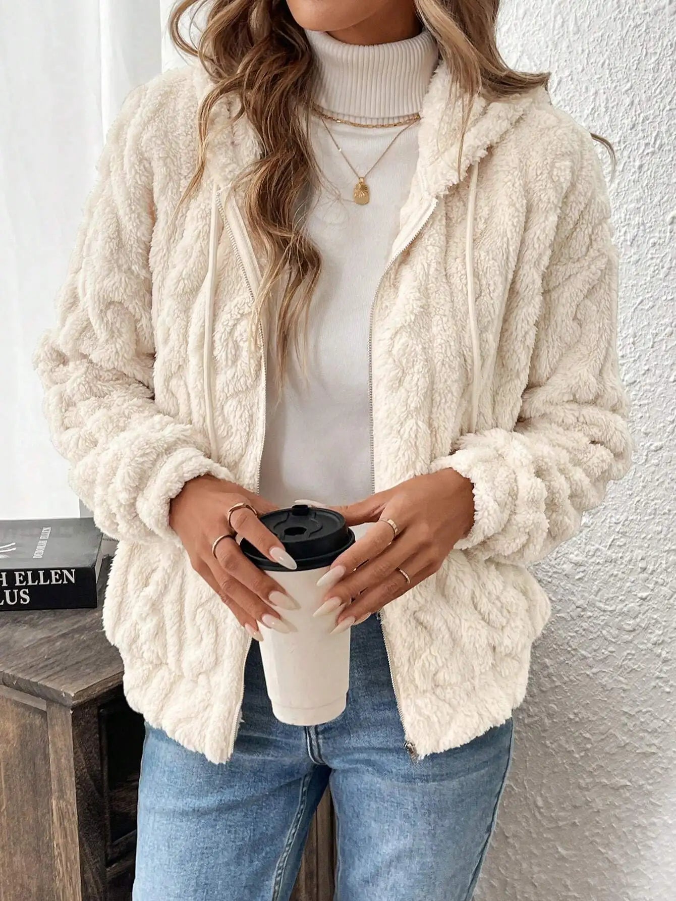 VigoCasey 2025 Women Autumn White Zipper Jacket White Long Sleeve Thick Plush Warm Coat Loose Winter Soft Lady Short Hooded Coat