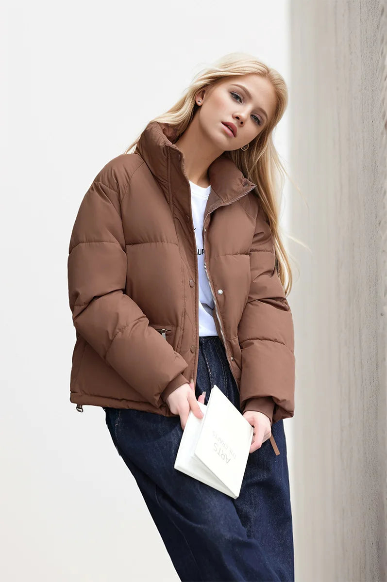 Women's Winter Puffer Coat Stand Collar Zipper Fly Pockets Loose Fit Quilted Coat For Female Thickened Lady's Thermal Coat