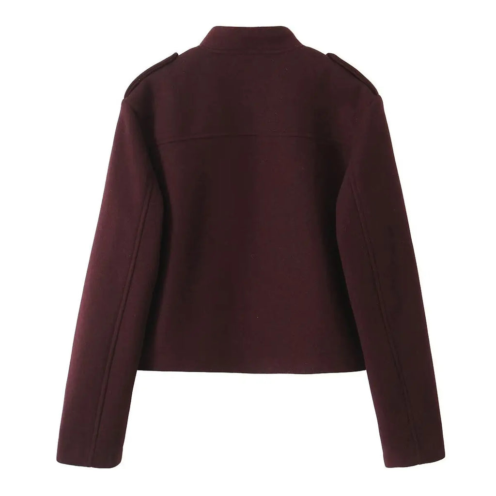 Women's Retro Wine Red Cropped Jacket Stand Collar Long Sleeve Buttoned Epaulettes Patch Pocket Coat Fall Winter New Jacket