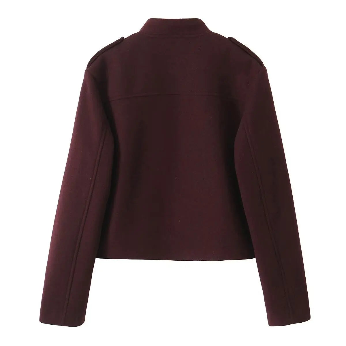 Women's Retro Wine Red Cropped Jacket Stand Collar Long Sleeve Buttoned Epaulettes Patch Pocket Coat Fall Winter New Jacket