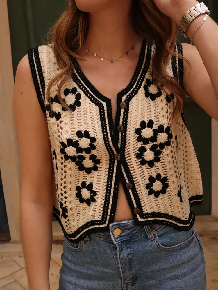 Floral Crochet Waistcoat for Women Sheer Button Front Sleeveless Open-knit Top Teen-girl Summer Boho Vacation Outfit