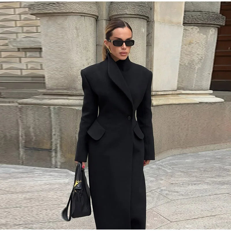 Faux Fur Parka Women Shoulder Pad Slim Waist Long Sleeves One Button Coats Female 2025 Winter Warm Solid Casual Outwears Lady