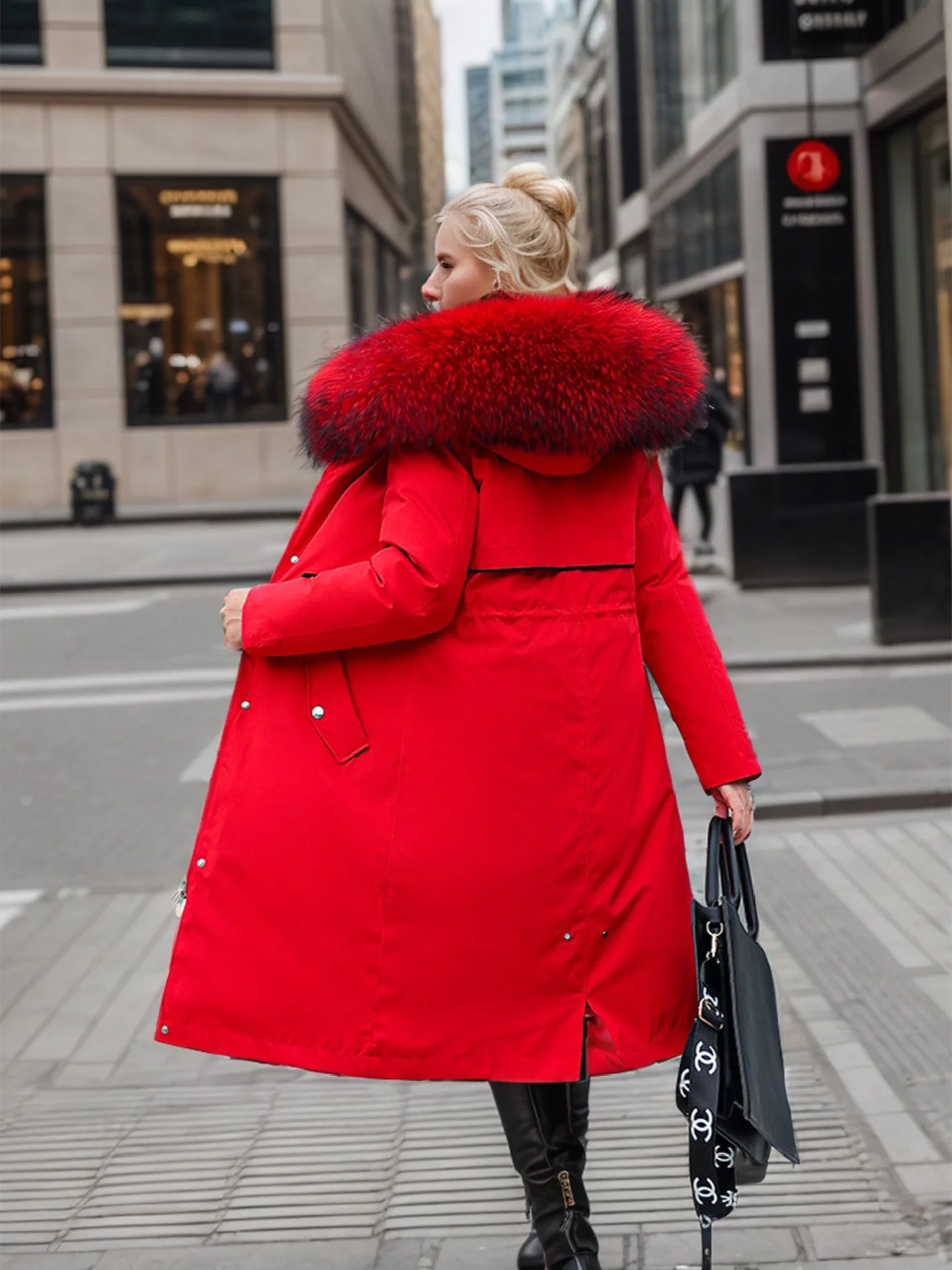 Lady's Winter Parka Coat Solid Color Detachable Faux Fur Trim Slim Fit Female's Padded Coat Thermal Longline Coat For Women