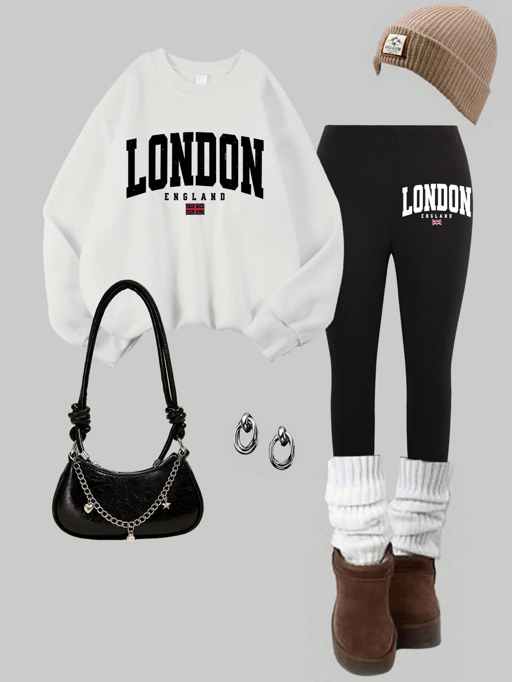 2 Piece Womens London England Flag Printing Sweatshirts Leggings Set Street Fleece Thermal Hoodie Pants Winter Womans Clothes