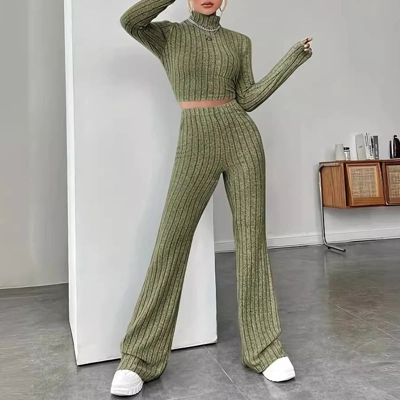 Fashion Women's Knitted Two-piece Set Casual Ribed Long-Sleeve Slim Outfit Trouser Set Female Outfit Clothes